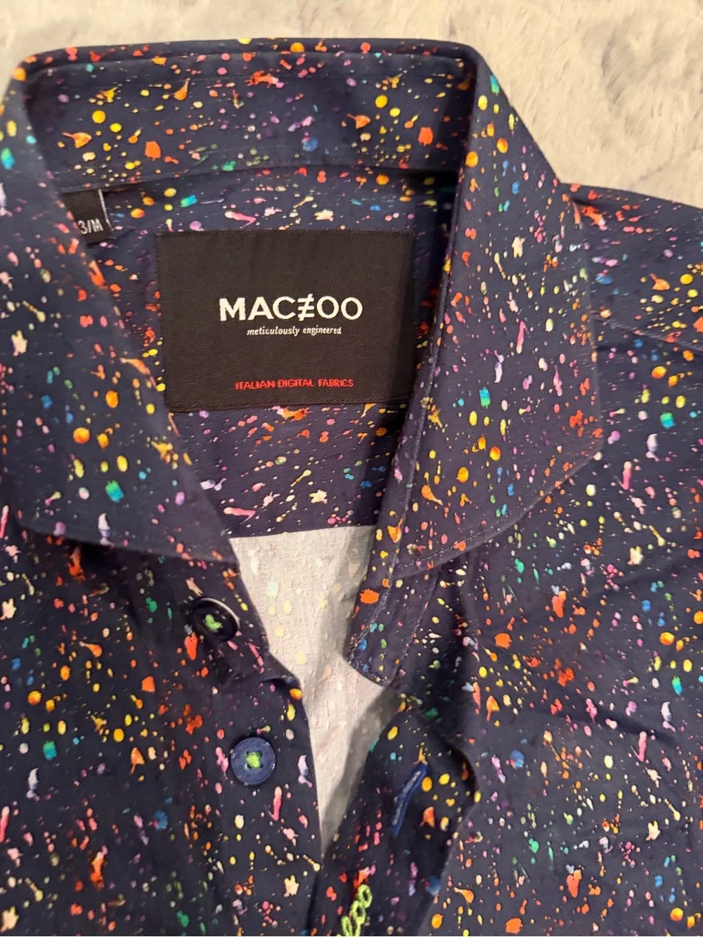 MACEOO men’s Navy Splatter-Print Button-Up Shirt, size 3/M!